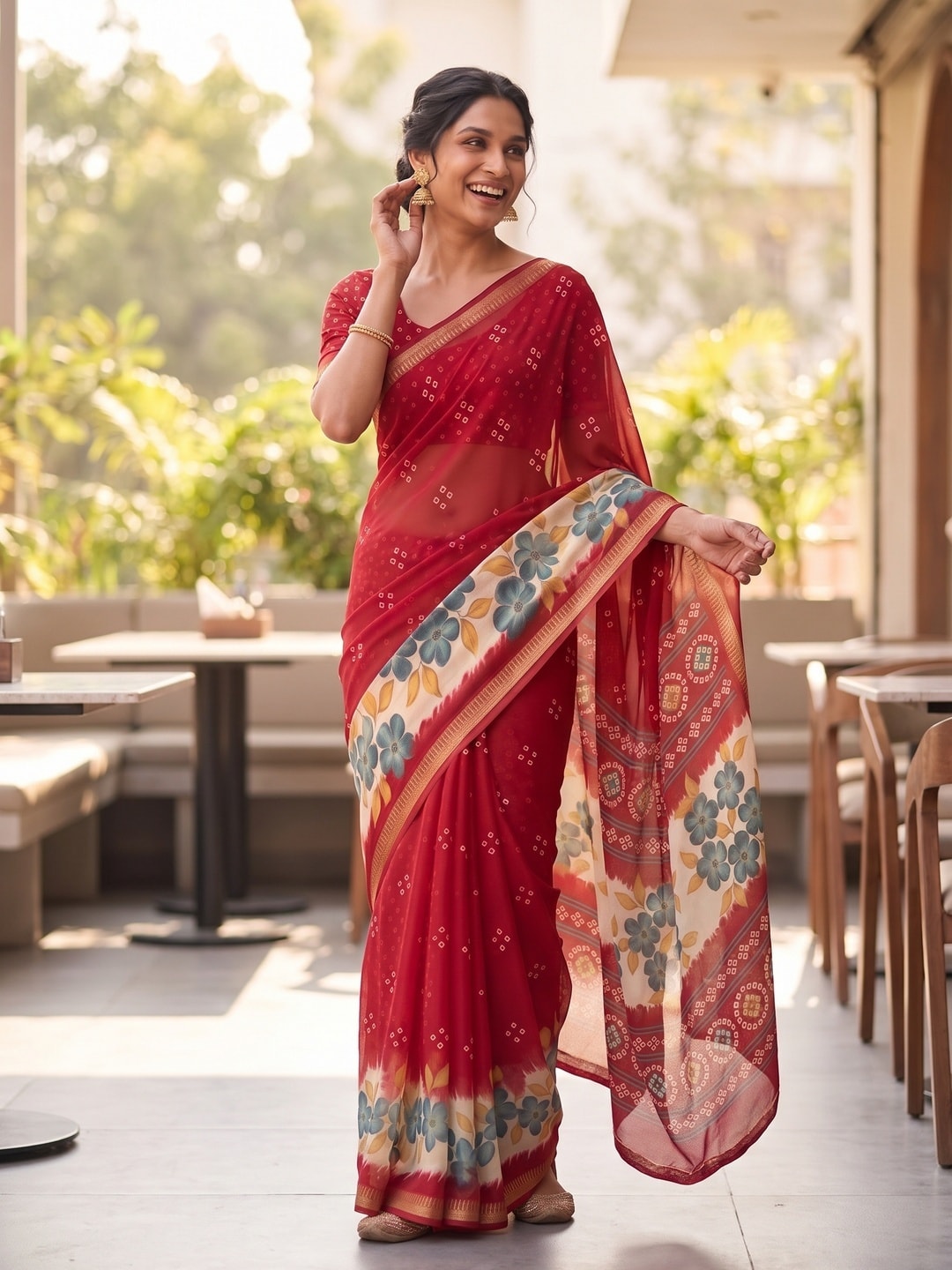 Peachmode Red Moss Georgette Saree With Burj Khalifa Zari Border And Floral Bandhani Print - Image 4