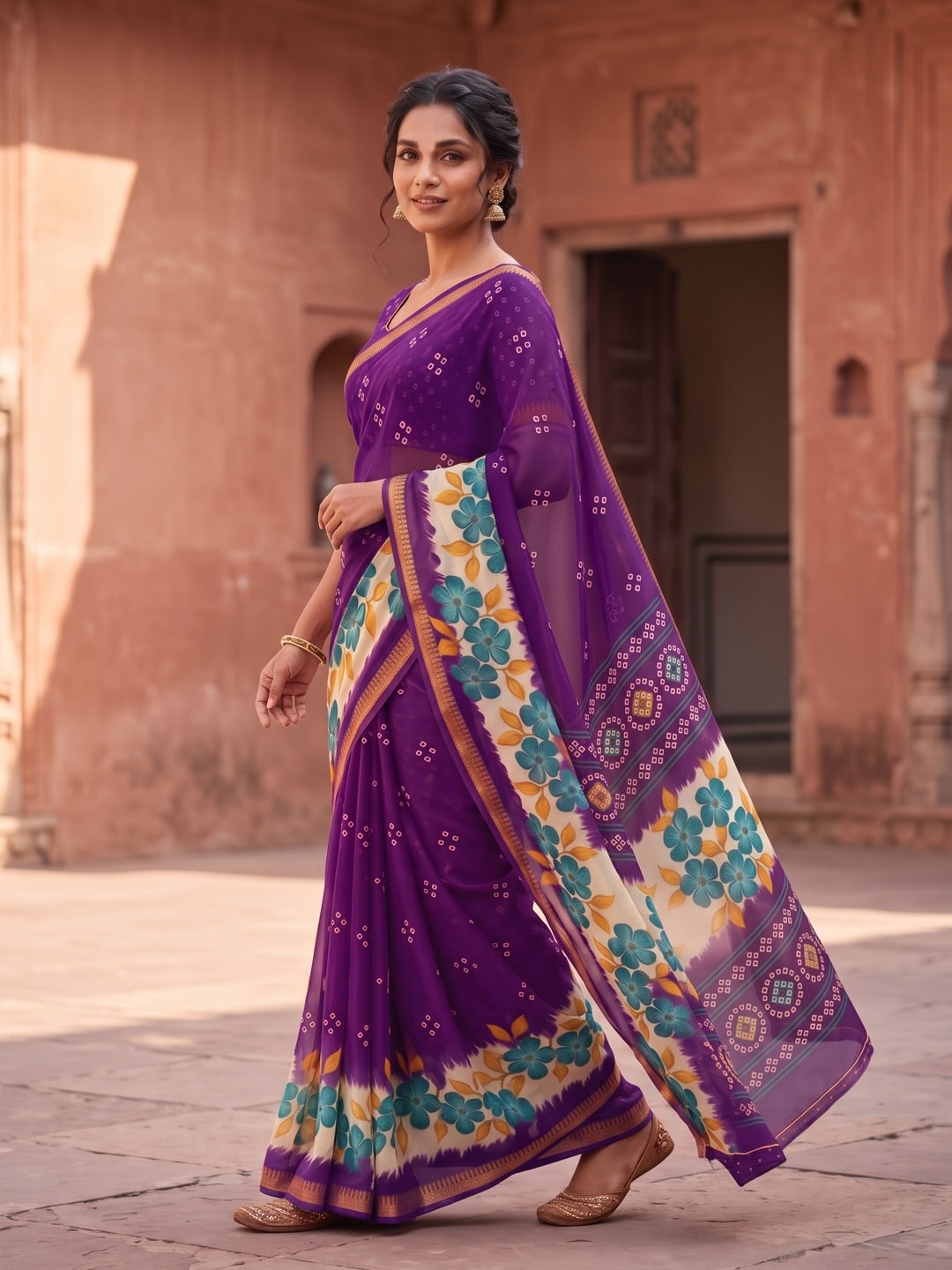 Peachmode Purple Moss Georgette Saree With Burj Khalifa Zari Border And Floral Bandhani Print - Image 3