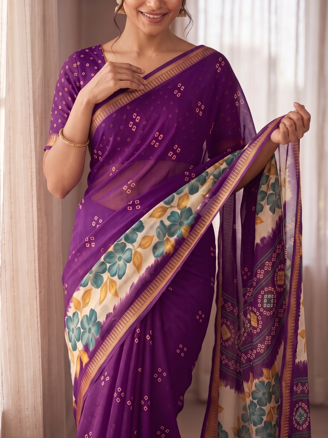 Peachmode Purple Moss Georgette Saree With Burj Khalifa Zari Border And Floral Bandhani Print - Image 5