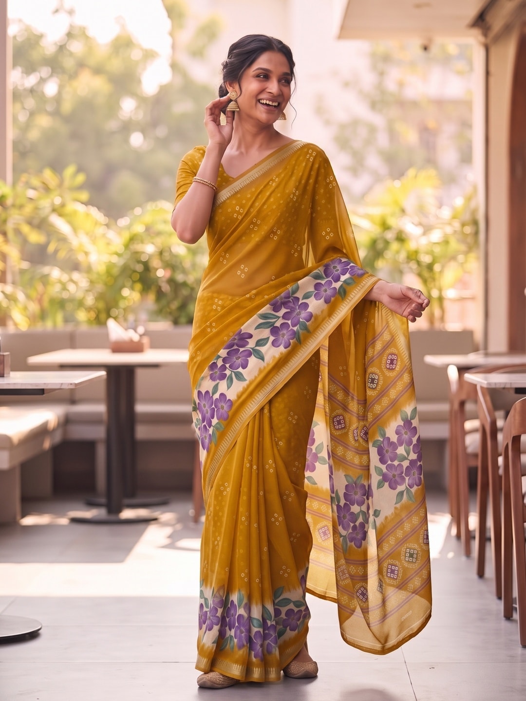 Peachmode Mustard Moss Georgette Saree With Burj Khalifa Zari Border And Floral Bandhani Print - Image 4