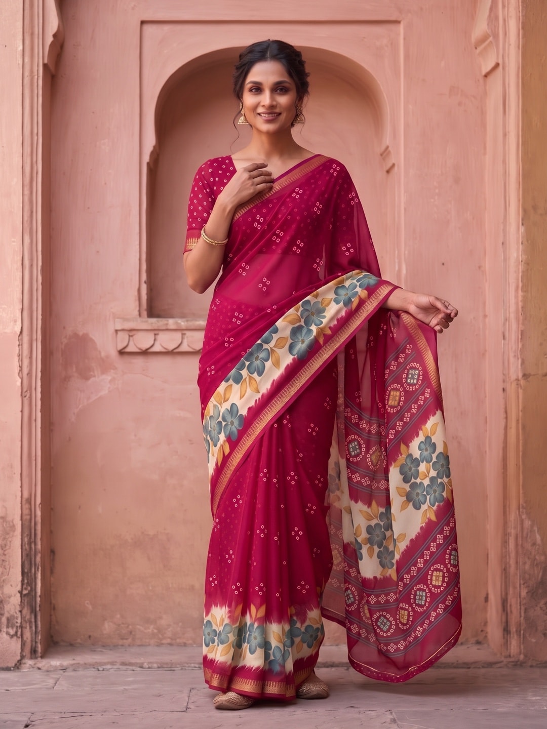 Peachmode Rani Moss Georgette Saree With Burj Khalifa Zari Border And Floral Bandhani Print - Image 1