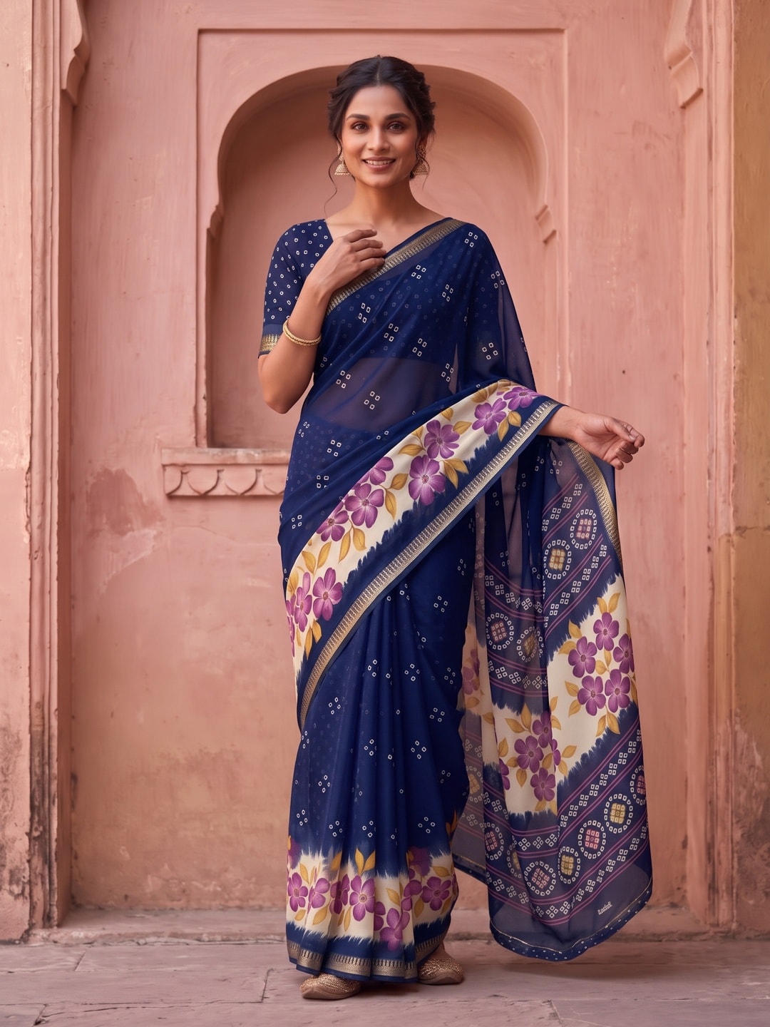 Peachmode Navy Blue Moss Georgette Saree With Burj Khalifa Zari Border And Floral Bandhani Print - Image 1