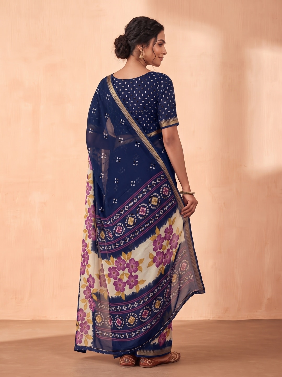 Peachmode Navy Blue Moss Georgette Saree With Burj Khalifa Zari Border And Floral Bandhani Print - Image 2