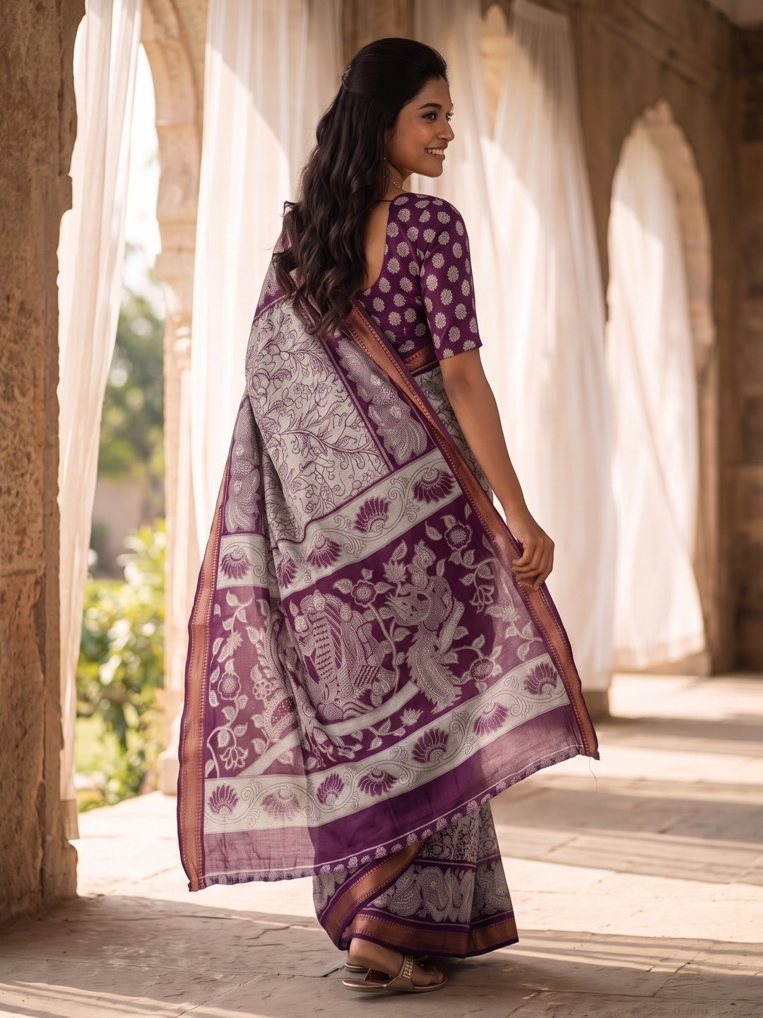 Peachmode Purple Maheshwari Silk Viscose Printed Saree With Zari Border And Kalamkari Pallu - Image 2