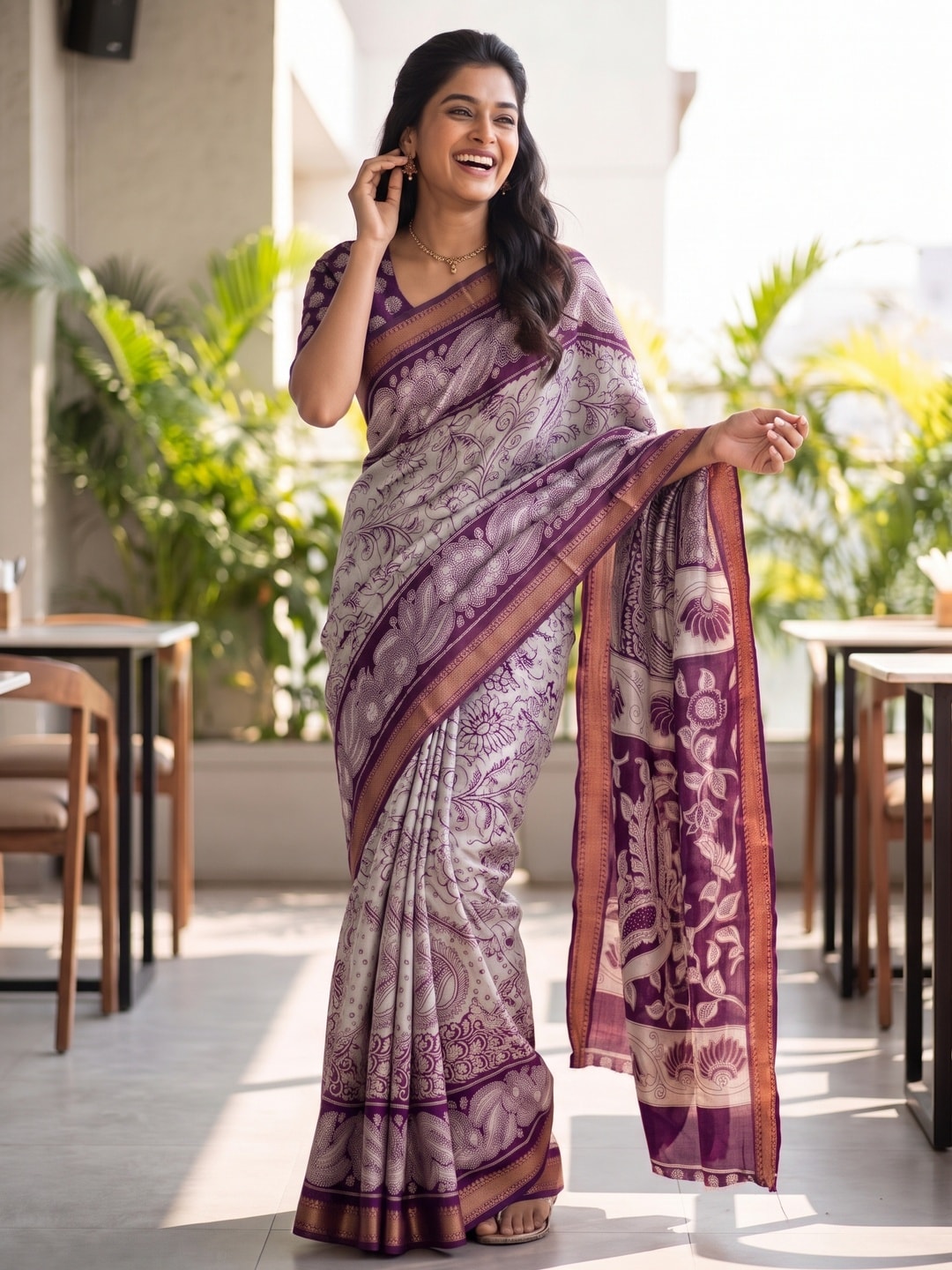 Peachmode Purple Maheshwari Silk Viscose Printed Saree With Zari Border And Kalamkari Pallu - Image 4
