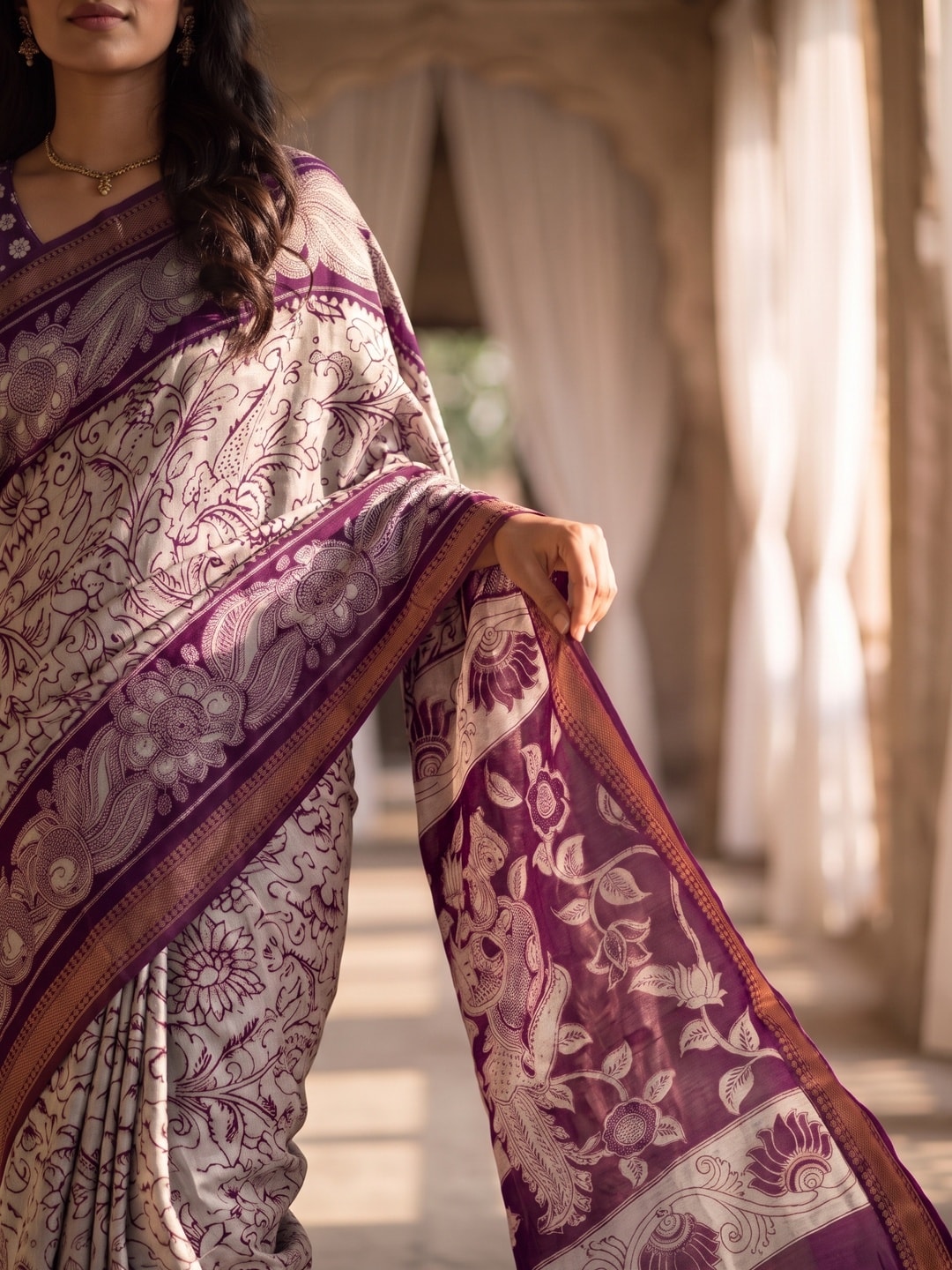 Peachmode Purple Maheshwari Silk Viscose Printed Saree With Zari Border And Kalamkari Pallu - Image 5
