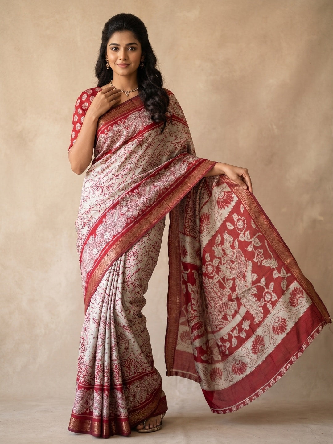 Peachmode Red Maheshwari Silk Viscose Printed Saree With Zari Border And Kalamkari Pallu - Image 1
