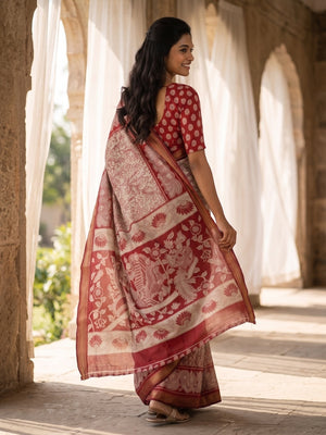 Peachmode Red Maheshwari Silk Viscose Printed Saree With Zari Border And Kalamkari Pallu - Image 2