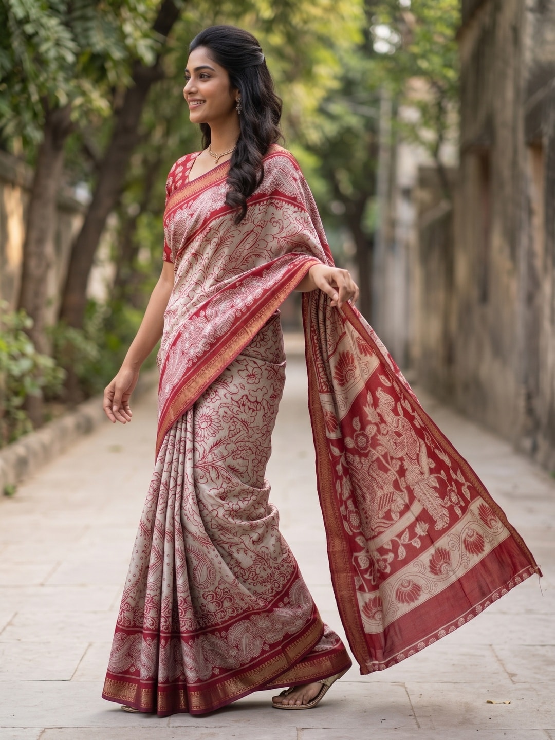 Peachmode Red Maheshwari Silk Viscose Printed Saree With Zari Border And Kalamkari Pallu - Image 3