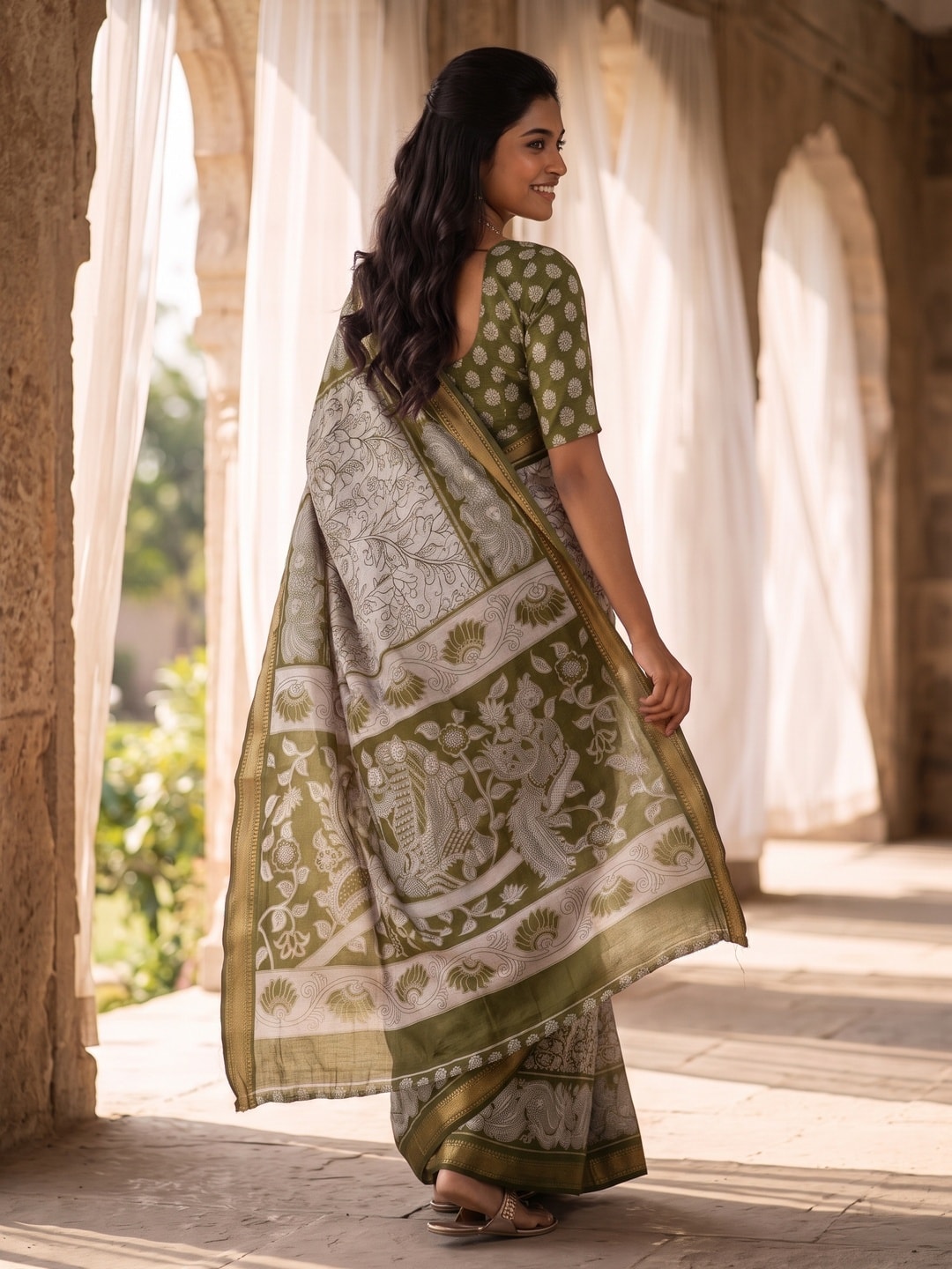 Peachmode Olive Green Maheshwari Silk Viscose Printed Saree With Zari Border And Kalamkari Pallu - Image 2