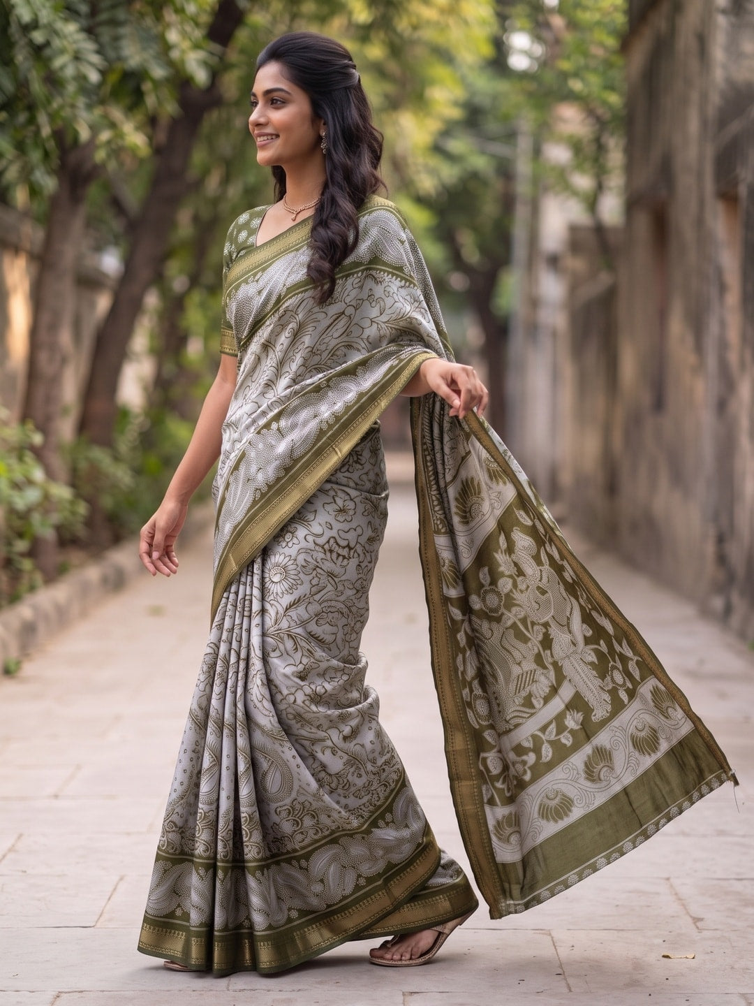 Peachmode Olive Green Maheshwari Silk Viscose Printed Saree With Zari Border And Kalamkari Pallu - Image 3