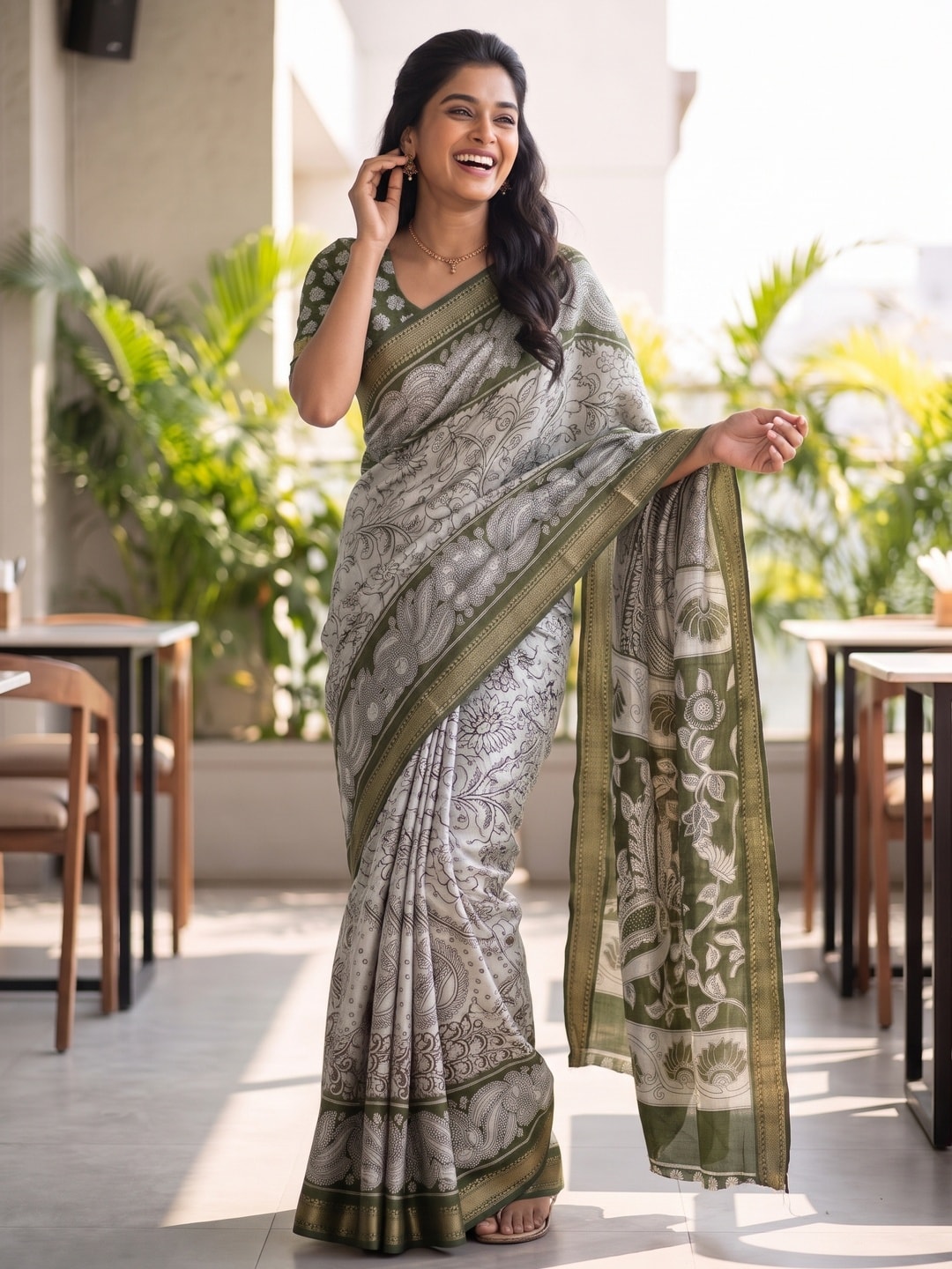 Peachmode Olive Green Maheshwari Silk Viscose Printed Saree With Zari Border And Kalamkari Pallu - Image 4