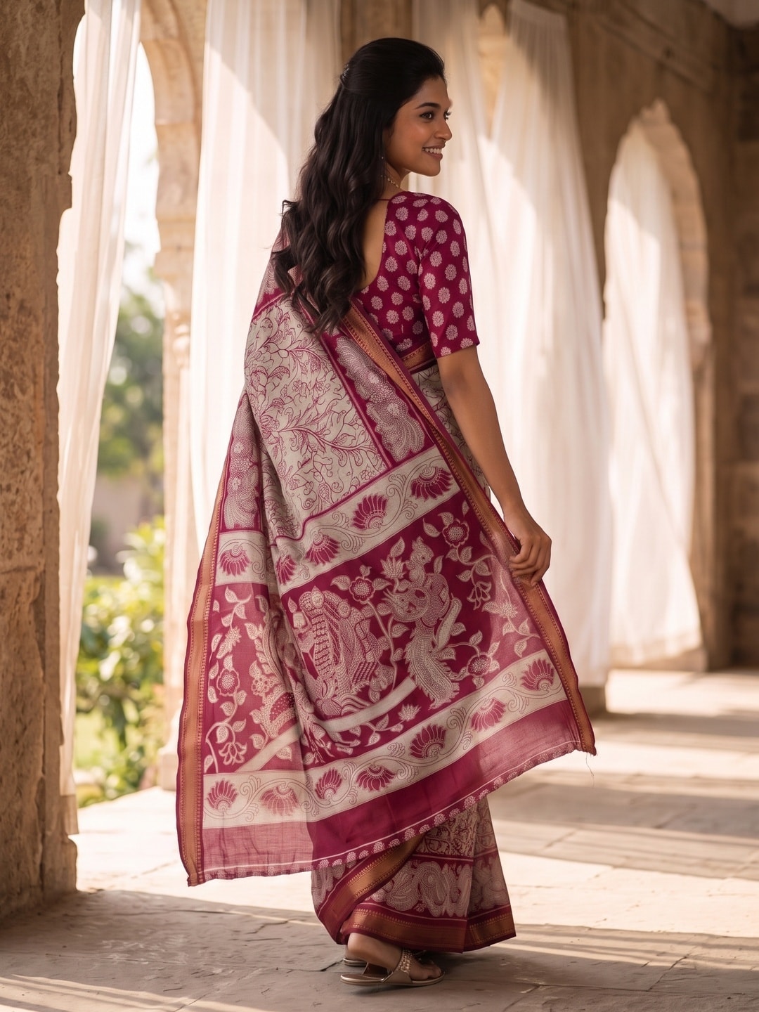Peachmode Wine Maheshwari Silk Viscose Printed Saree With Zari Border And Kalamkari Pallu - Image 2
