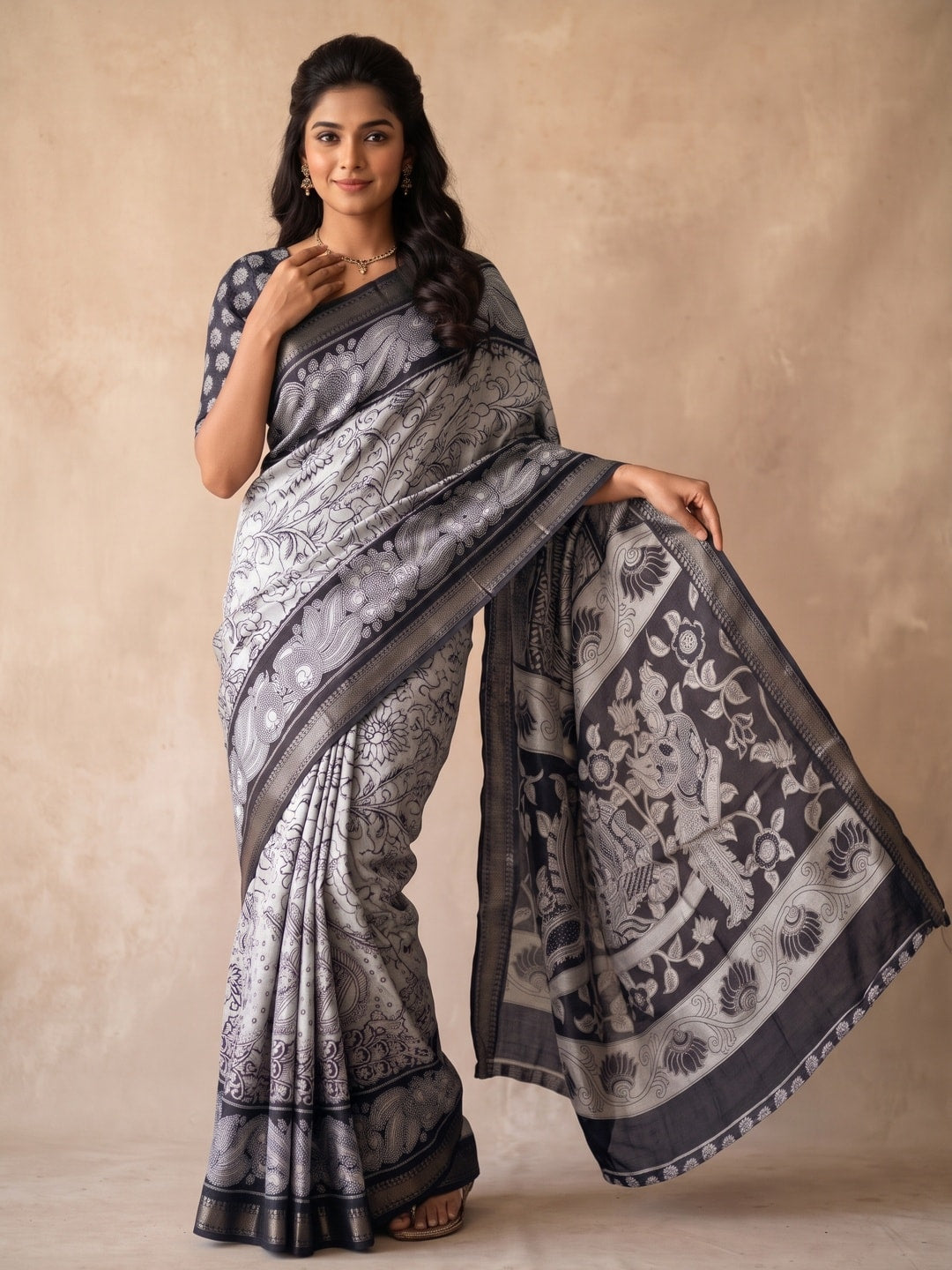 Peachmode Black Maheshwari Silk Viscose Printed Saree With Zari Border And Kalamkari Pallu - Image 1