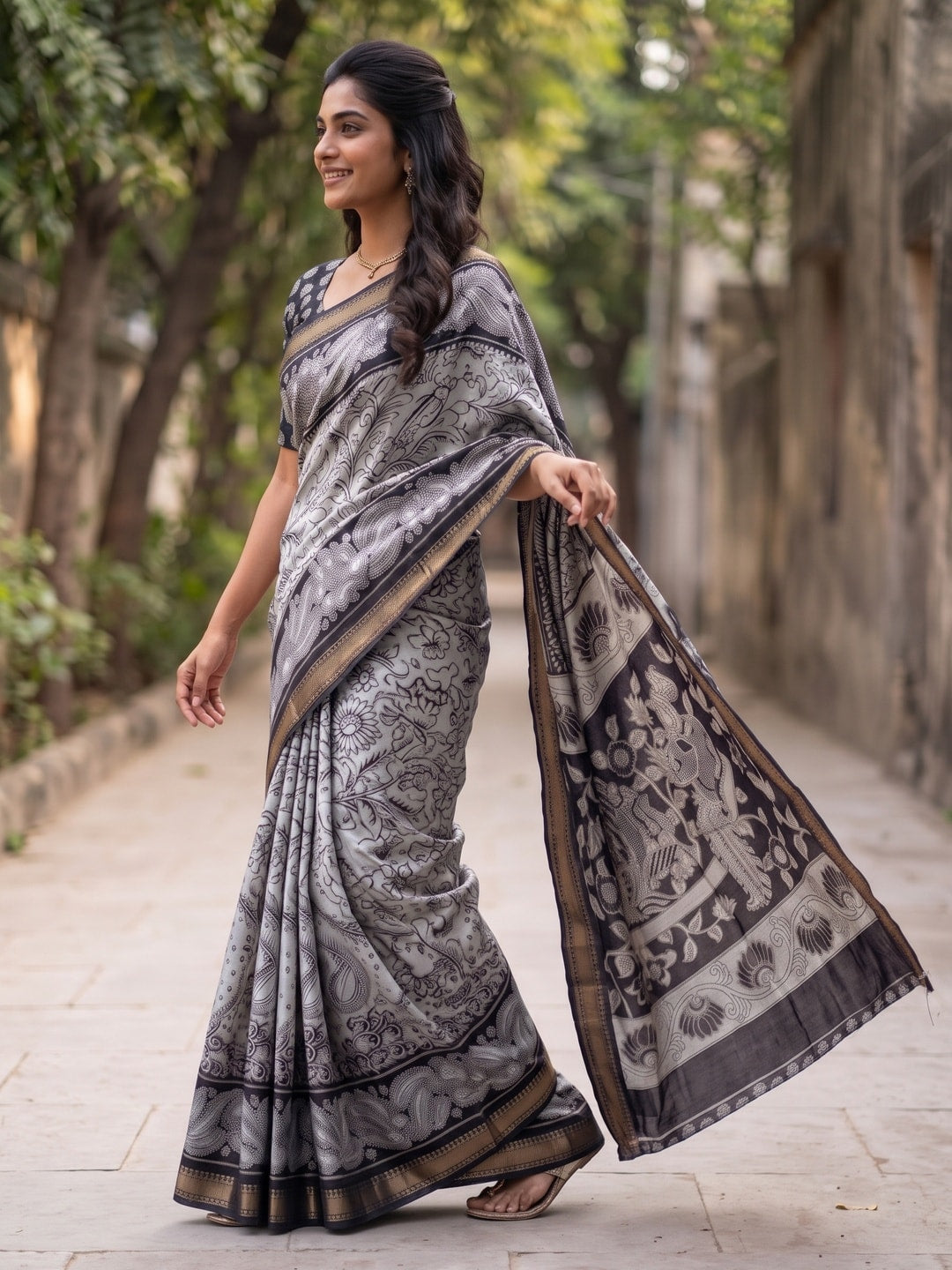 Peachmode Black Maheshwari Silk Viscose Printed Saree With Zari Border And Kalamkari Pallu - Image 3