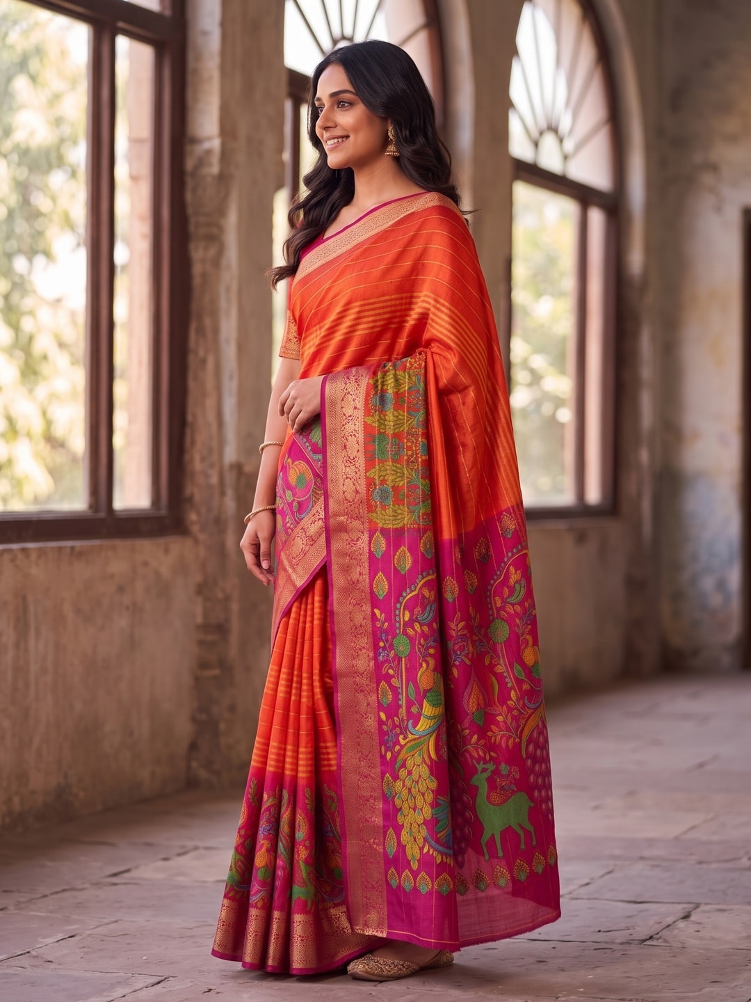 Peachmode Orange Semi Kanchi Pure Cotton Feel Zari Weaving Line Butti Saree With Kalamkari Peacock Pallu - Image 3