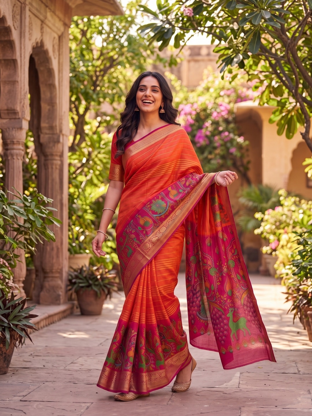 Peachmode Orange Semi Kanchi Pure Cotton Feel Zari Weaving Line Butti Saree With Kalamkari Peacock Pallu - Image 4