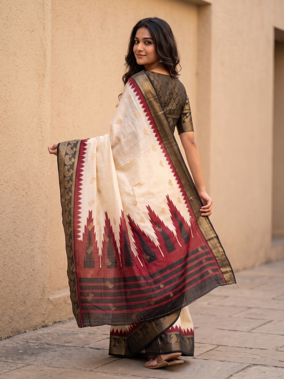 Peachmode Cream & Black Semi Kanchi Pure Cotton Feel Zari Weaving Line Butti Saree With Temple Design - Image 2