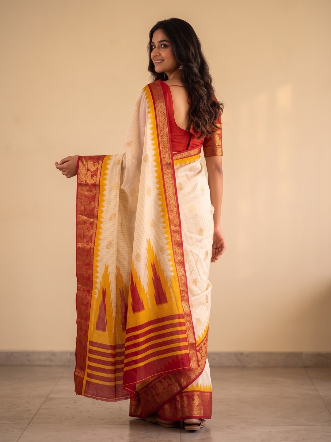 Peachmode Cream & Mustard Semi Kanchi Pure Cotton Feel Zari Weaving Line Butti Saree With Temple Design - Image 2