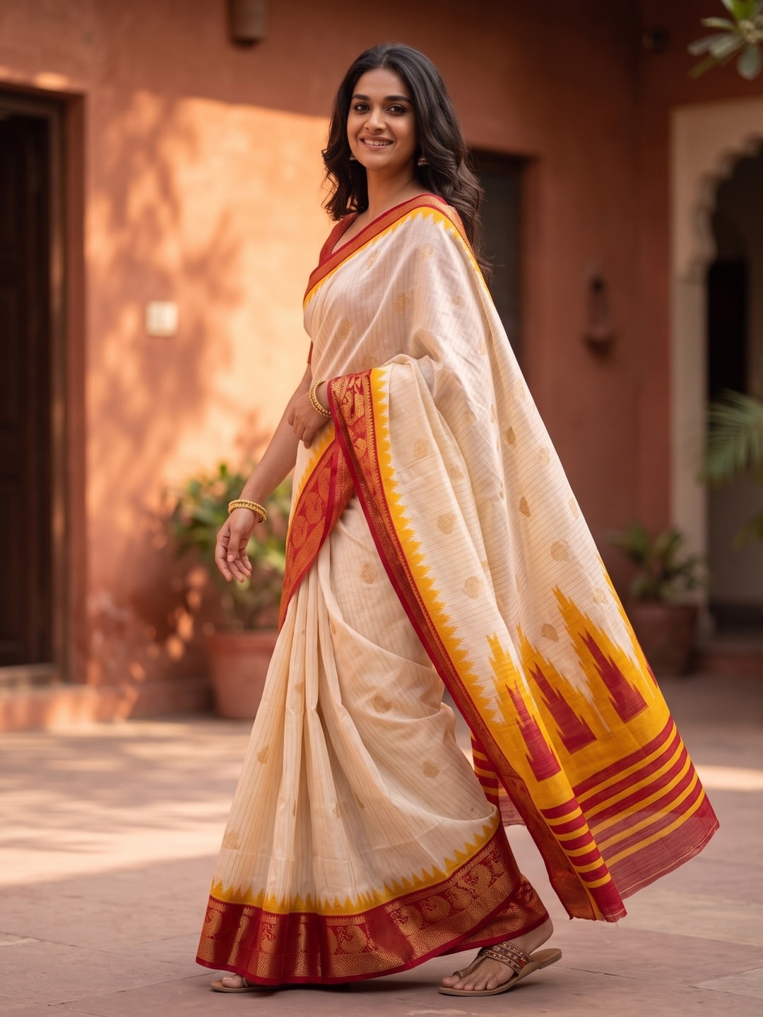 Peachmode Cream & Mustard Semi Kanchi Pure Cotton Feel Zari Weaving Line Butti Saree With Temple Design - Image 3