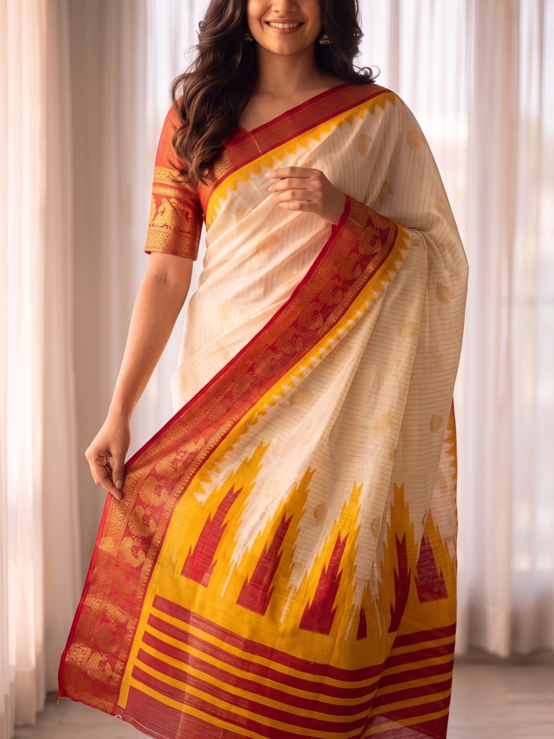Peachmode Cream & Mustard Semi Kanchi Pure Cotton Feel Zari Weaving Line Butti Saree With Temple Design - Image 5