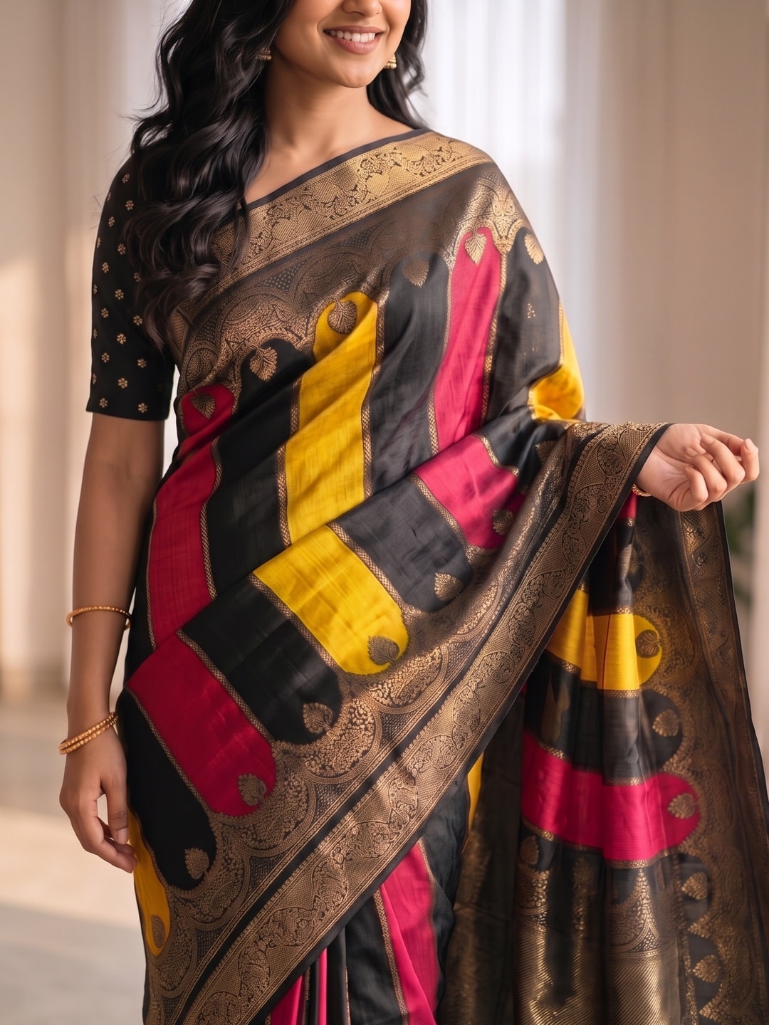 Peachmode Black Marshmallow Self Jacquard Weaving Saree With Fancy Foil Print Colour Block Pallu And Heavy Zari Border - Image 5