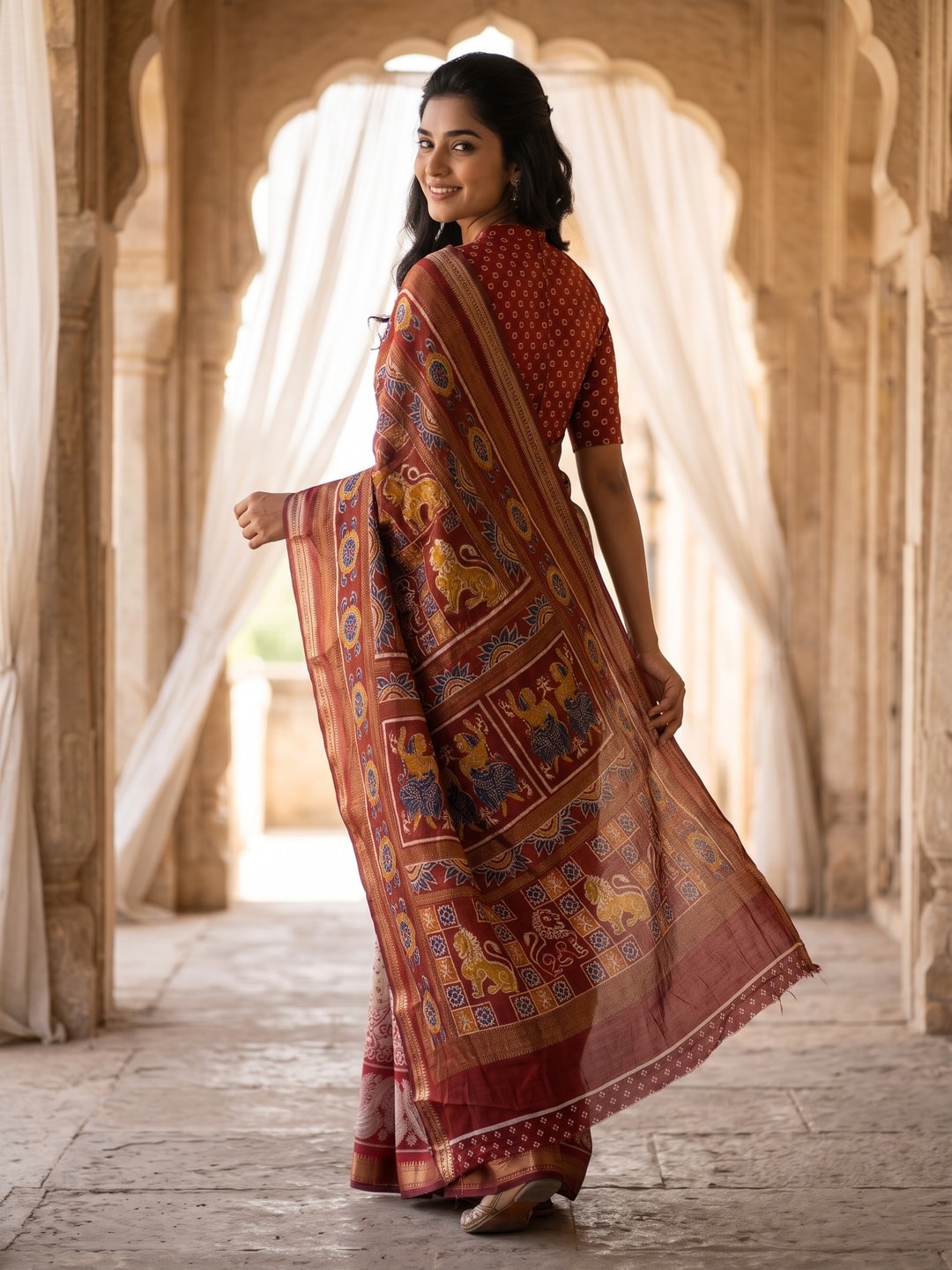 Peachmode Rust Maheshwari Silk Viscose Printed Saree With Zari Border And Kalamkari Pallu - Image 2