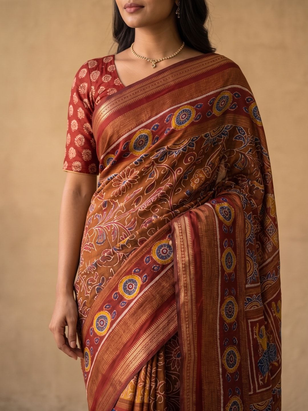 Peachmode Rust Maheshwari Silk Viscose Printed Saree With Zari Border And Kalamkari Pallu - Image 5