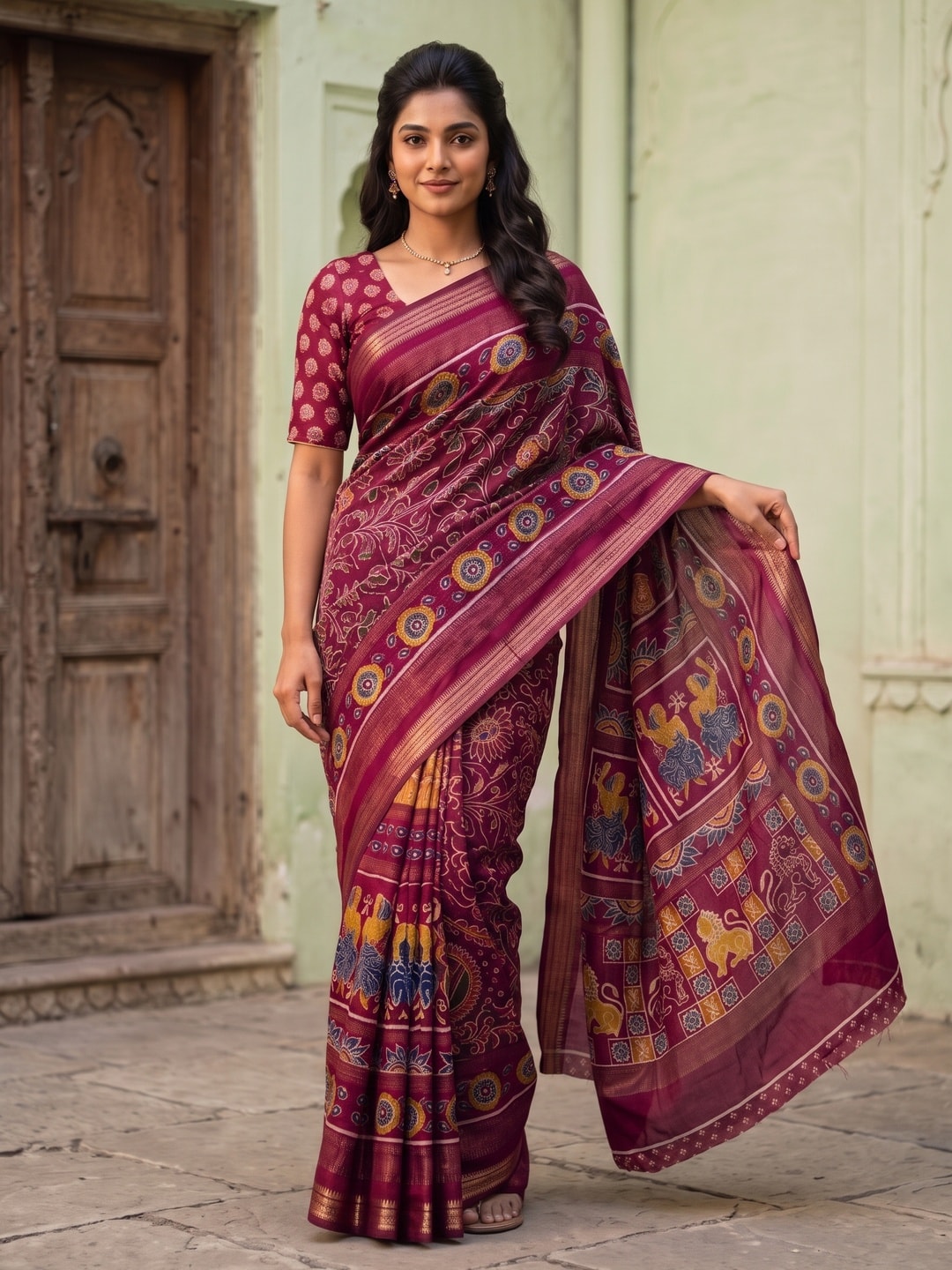 Peachmode Magenta Maheshwari Silk Viscose Printed Saree With Zari Border And Kalamkari Pallu - Image 1