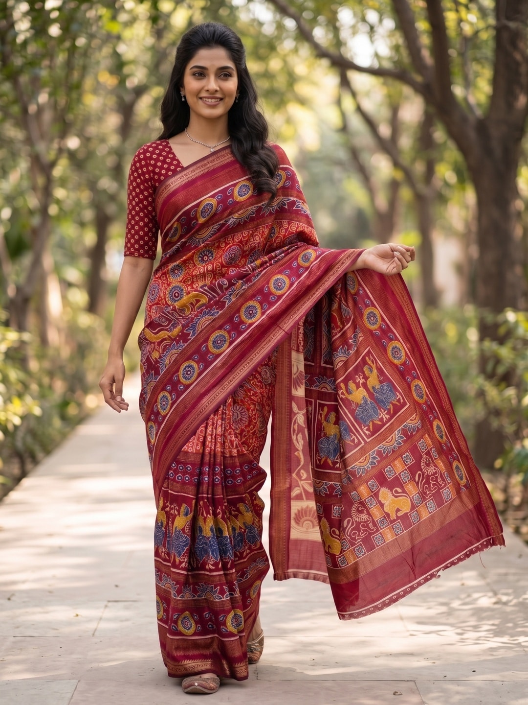 Peachmode Red Maheshwari Silk Viscose Printed Saree With Zari Border And Kalamkari Pallu - Image 3