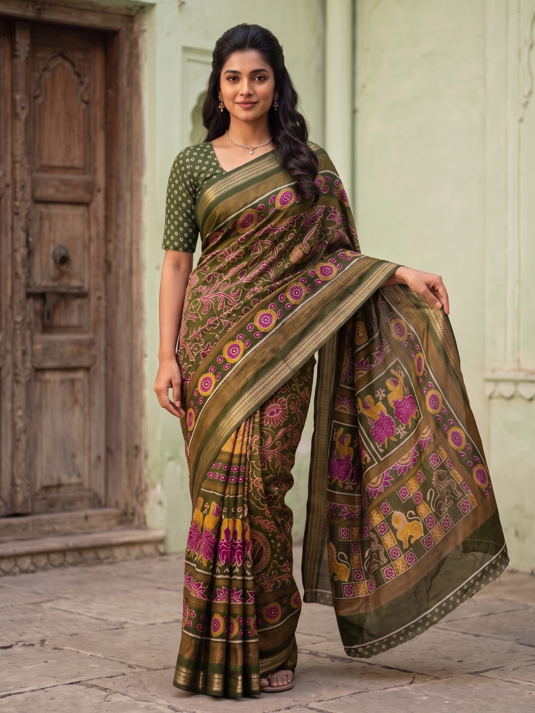 Peachmode Olive Green Maheshwari Silk Viscose Printed Saree With Zari Border And Kalamkari Pallu - Image 1
