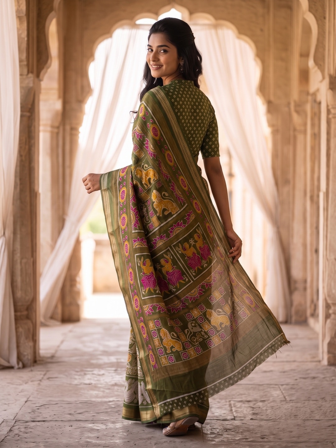Peachmode Olive Green Maheshwari Silk Viscose Printed Saree With Zari Border And Kalamkari Pallu - Image 2