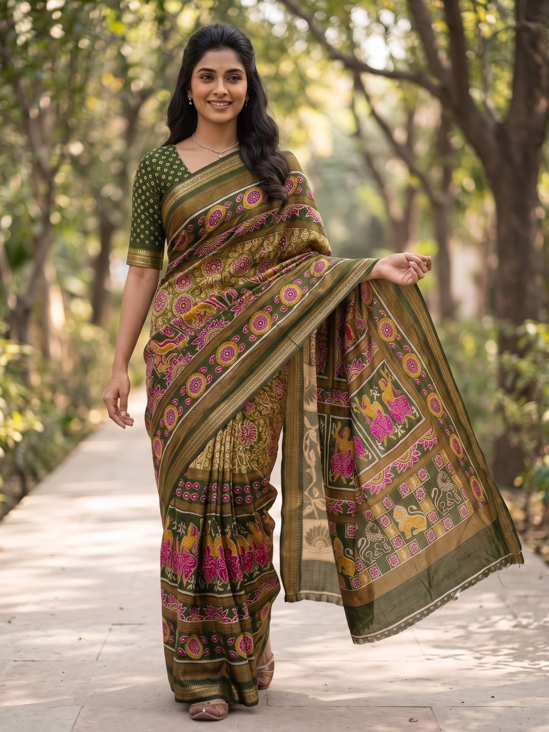 Peachmode Olive Green Maheshwari Silk Viscose Printed Saree With Zari Border And Kalamkari Pallu - Image 3