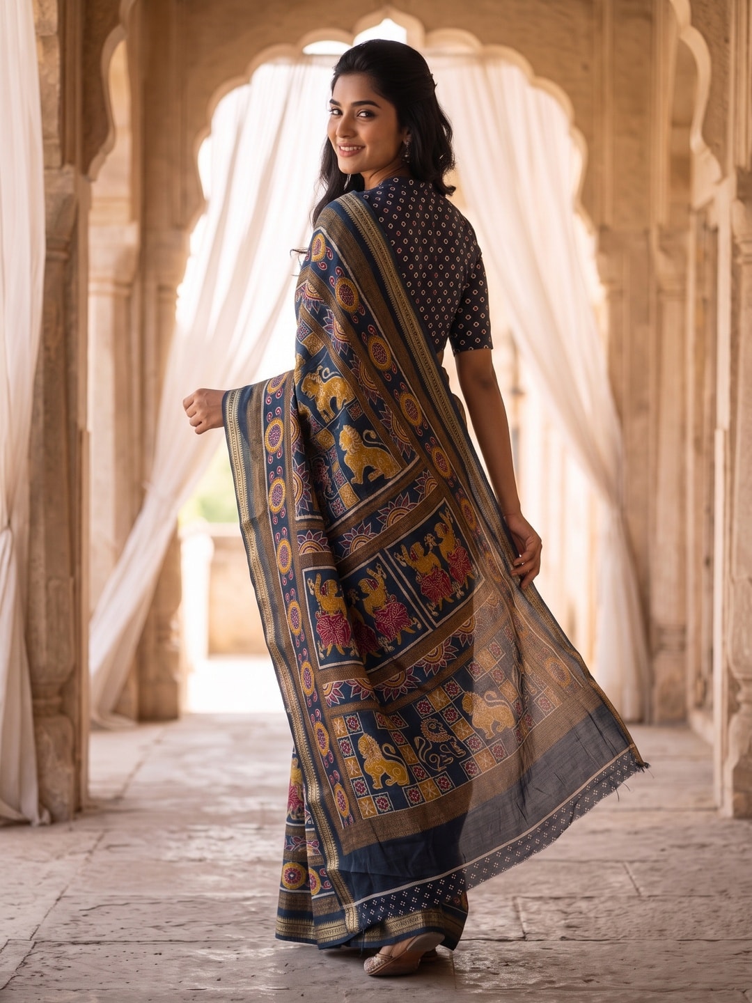 Peachmode Black Maheshwari Silk Viscose Printed Saree With Zari Border And Kalamkari Pallu - Image 2