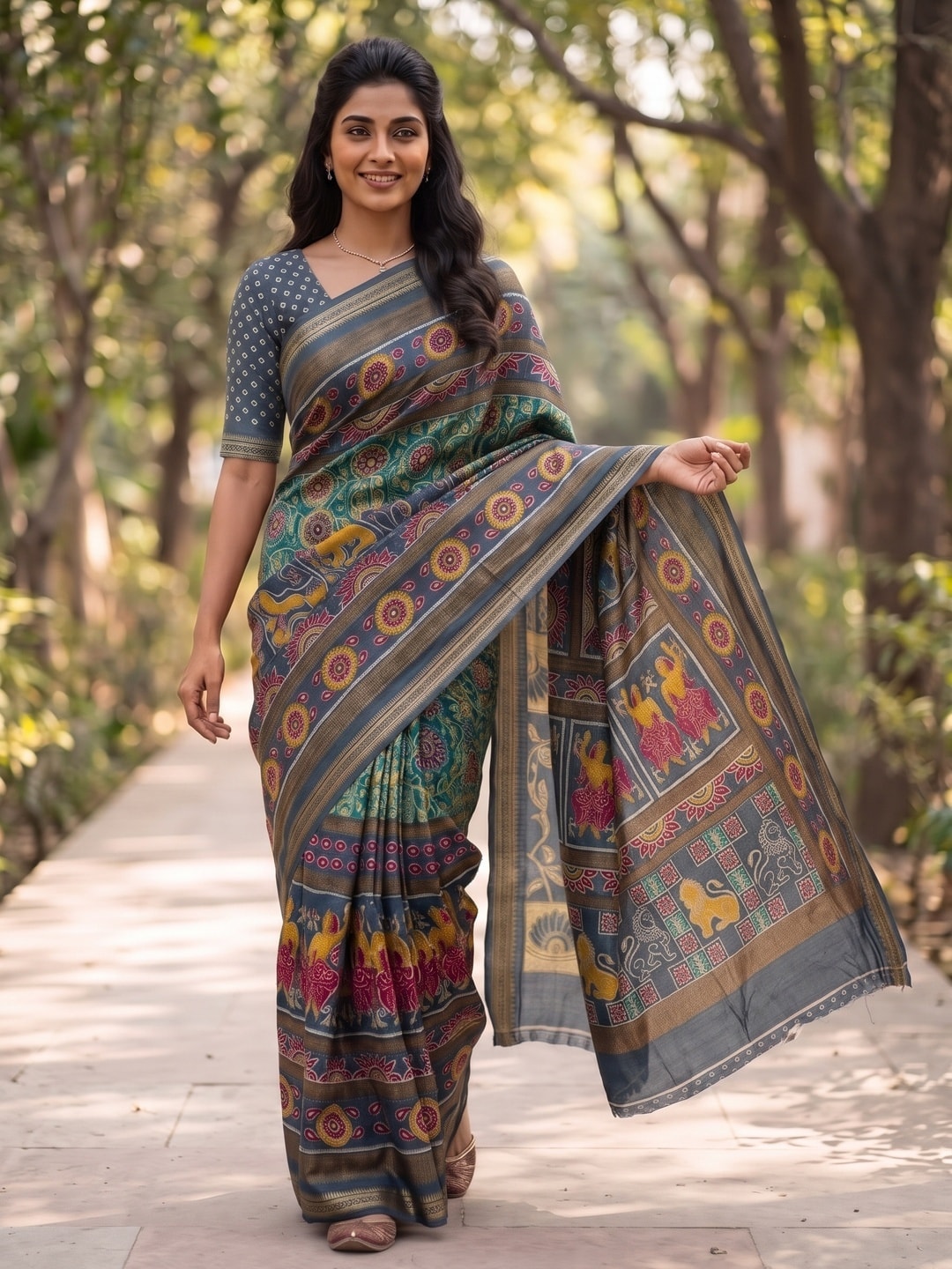 Peachmode Grey Maheshwari Silk Viscose Printed Saree With Zari Border And Kalamkari Pallu - Image 3