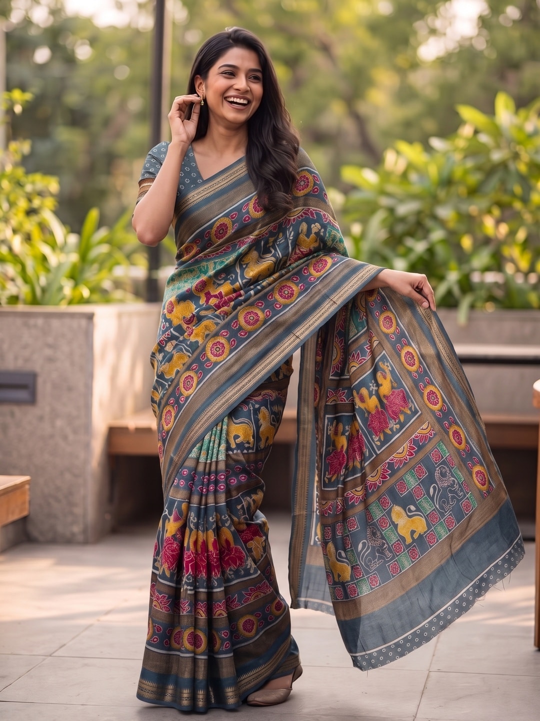 Peachmode Grey Maheshwari Silk Viscose Printed Saree With Zari Border And Kalamkari Pallu - Image 4