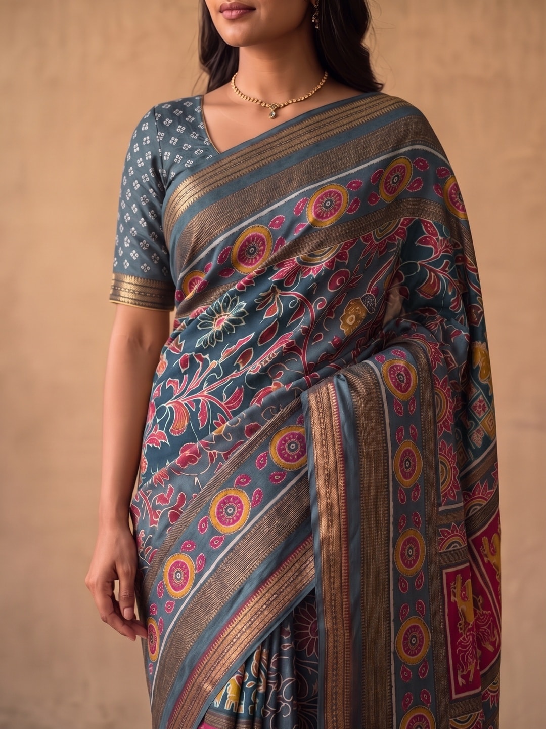 Peachmode Grey Maheshwari Silk Viscose Printed Saree With Zari Border And Kalamkari Pallu - Image 5