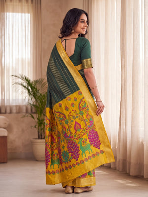 Peachmode Bottle Green Semi Kanchi Pure Cotton Feel Zari Weaving Line Butti Saree With Kalamkari Peacock Pallu - Image 2