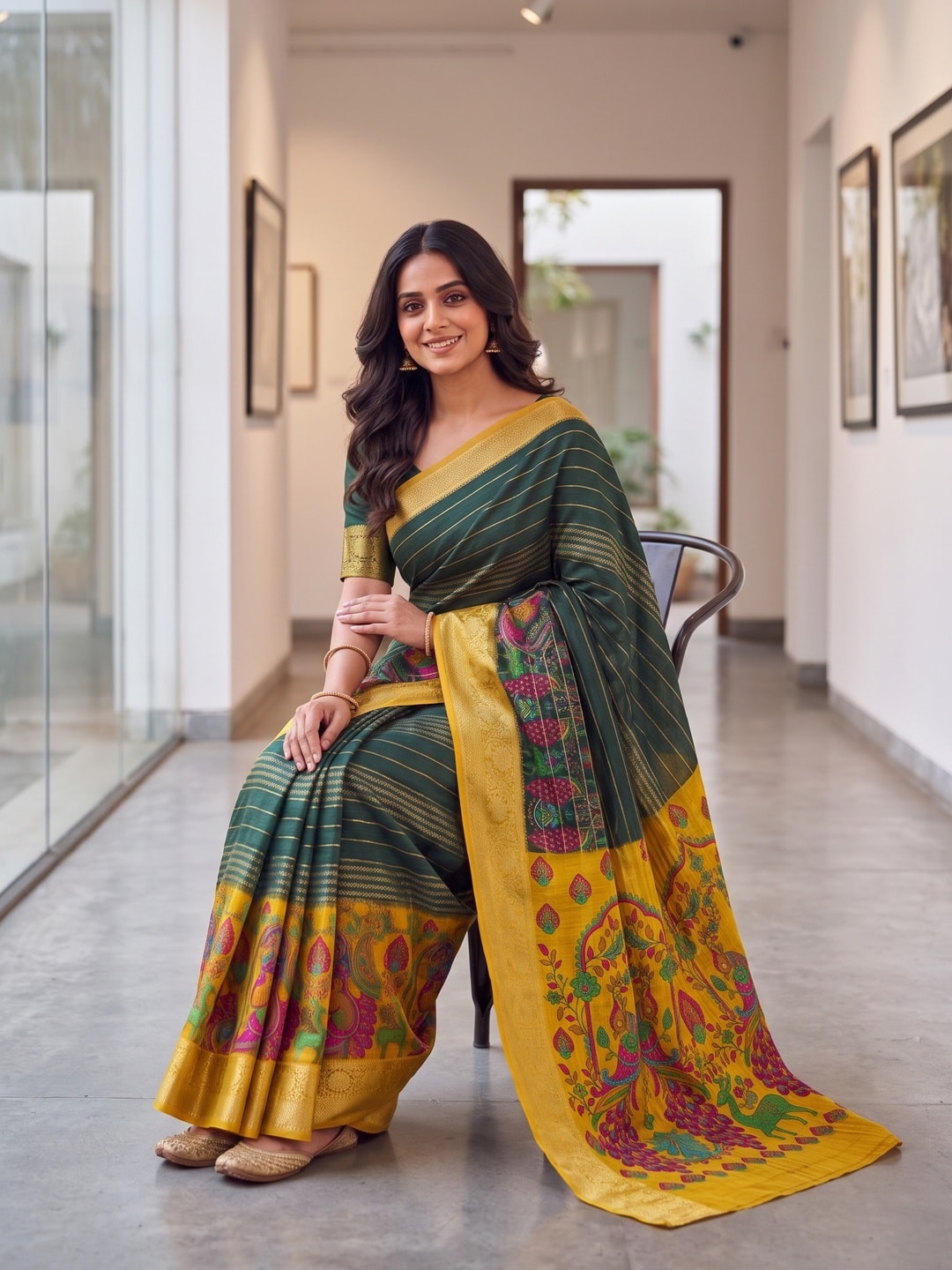 Peachmode Bottle Green Semi Kanchi Pure Cotton Feel Zari Weaving Line Butti Saree With Kalamkari Peacock Pallu - Image 4