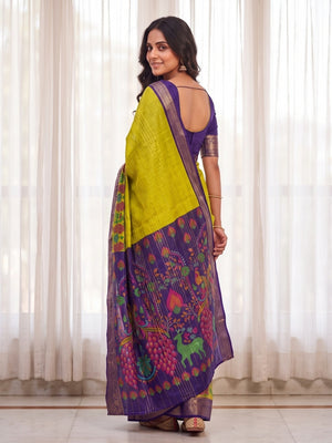 Peachmode Lime Green Semi Kanchi Pure Cotton Feel Zari Weaving Line Butti Saree With Kalamkari Peacock Pallu - Image 2