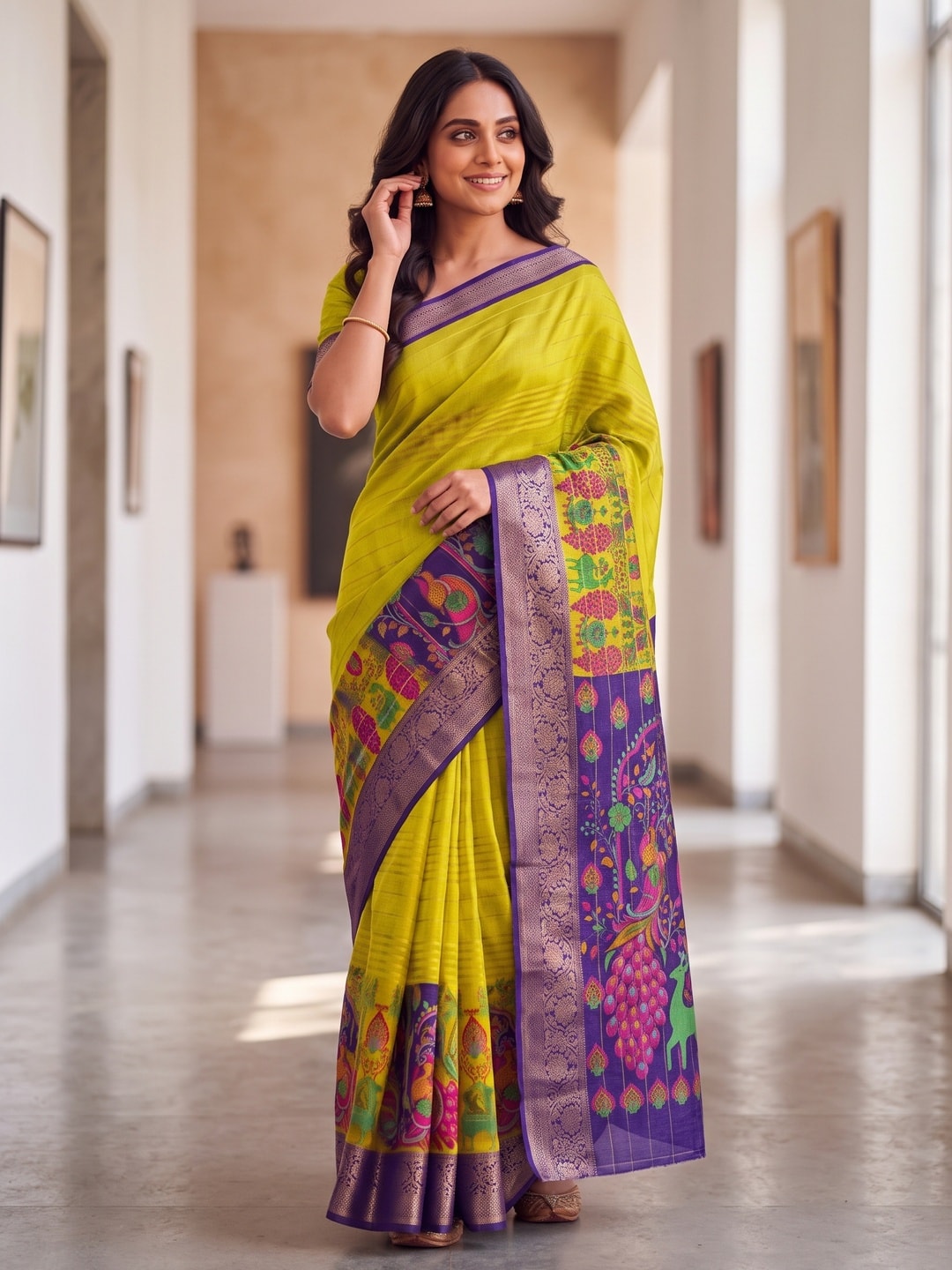 Peachmode Lime Green Semi Kanchi Pure Cotton Feel Zari Weaving Line Butti Saree With Kalamkari Peacock Pallu - Image 4