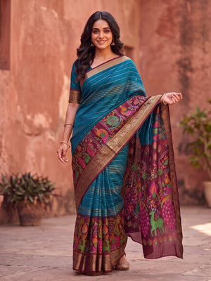 Peachmode Teal Semi Kanchi Pure Cotton Feel Zari Weaving Line Butti Saree With Kalamkari Peacock Pallu - Image 1