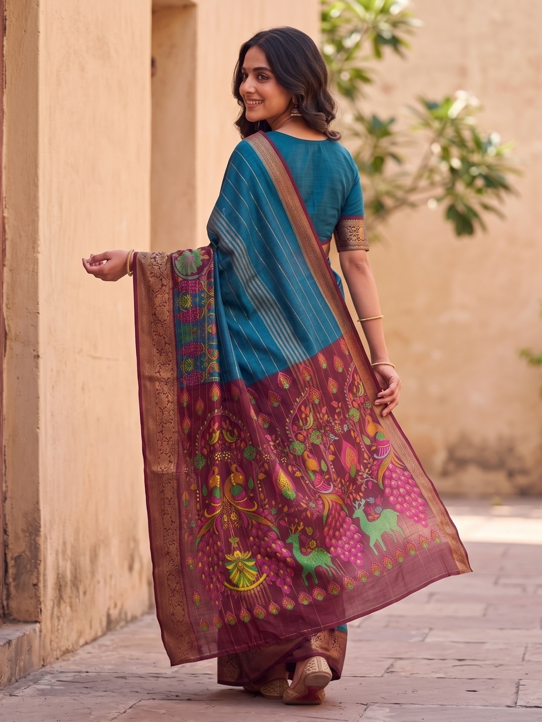 Peachmode Teal Semi Kanchi Pure Cotton Feel Zari Weaving Line Butti Saree With Kalamkari Peacock Pallu - Image 2