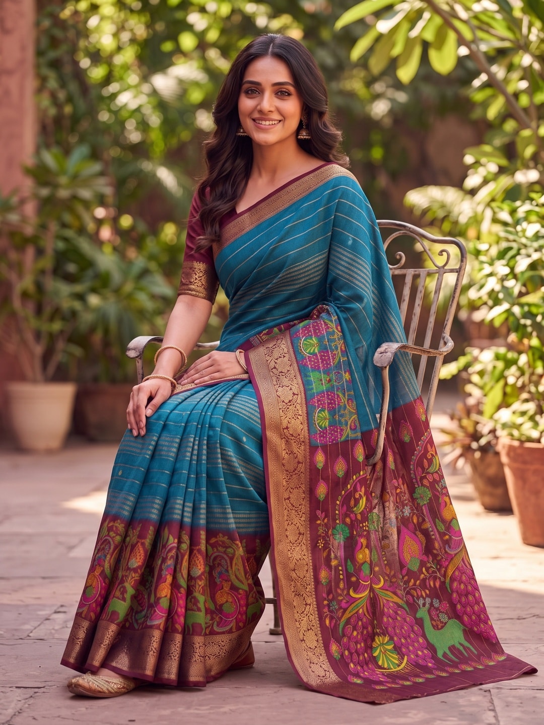Peachmode Teal Semi Kanchi Pure Cotton Feel Zari Weaving Line Butti Saree With Kalamkari Peacock Pallu - Image 4