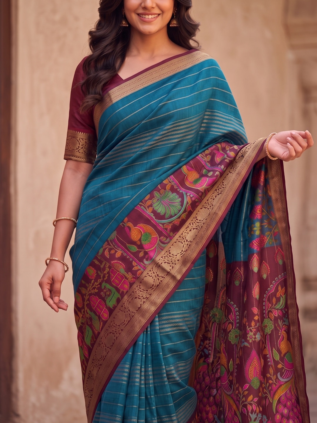 Peachmode Teal Semi Kanchi Pure Cotton Feel Zari Weaving Line Butti Saree With Kalamkari Peacock Pallu - Image 5