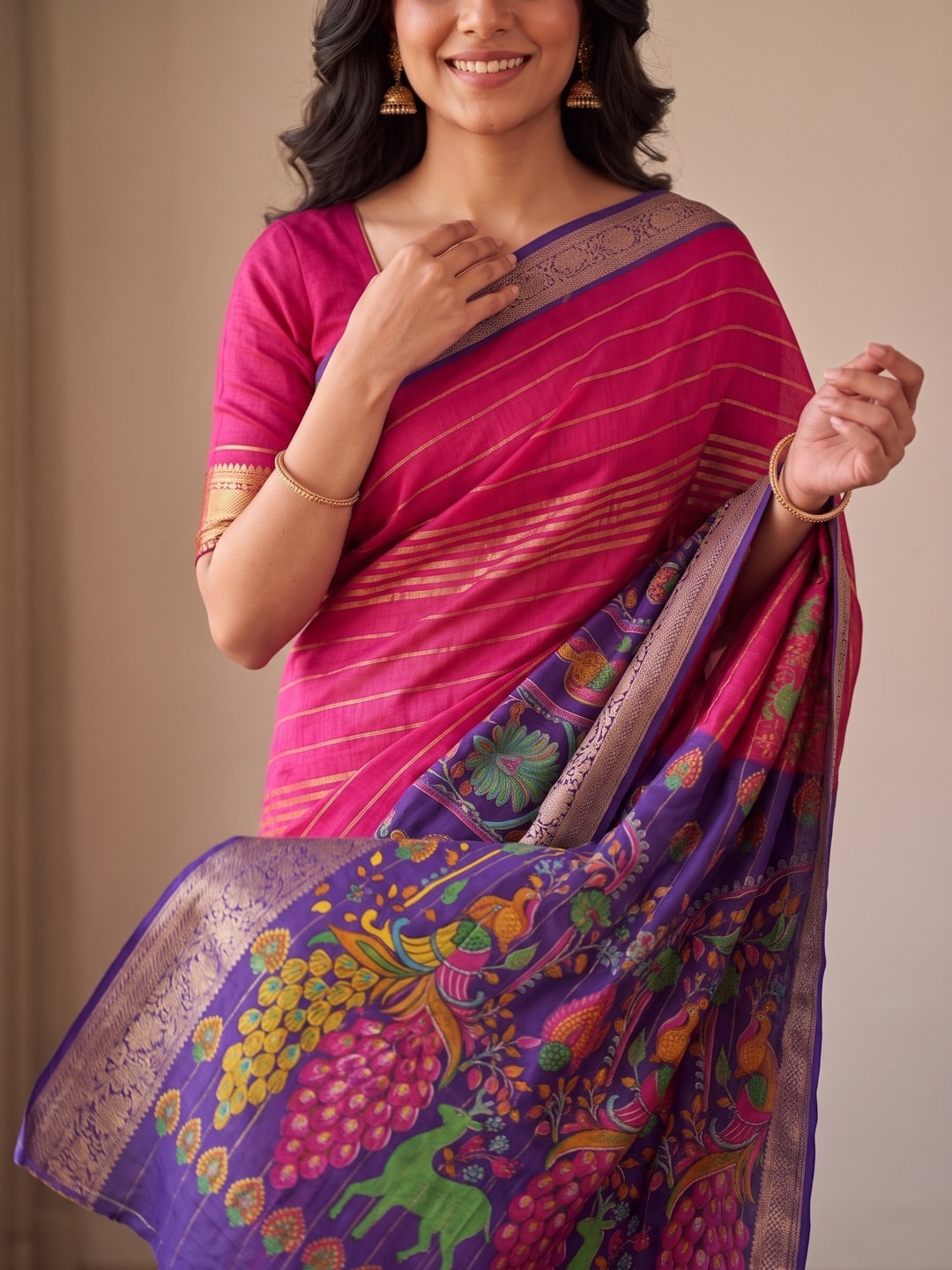 Peachmode Rani Semi Kanchi Pure Cotton Feel Zari Weaving Line Butti Saree With Kalamkari Peacock Pallu - Image 5