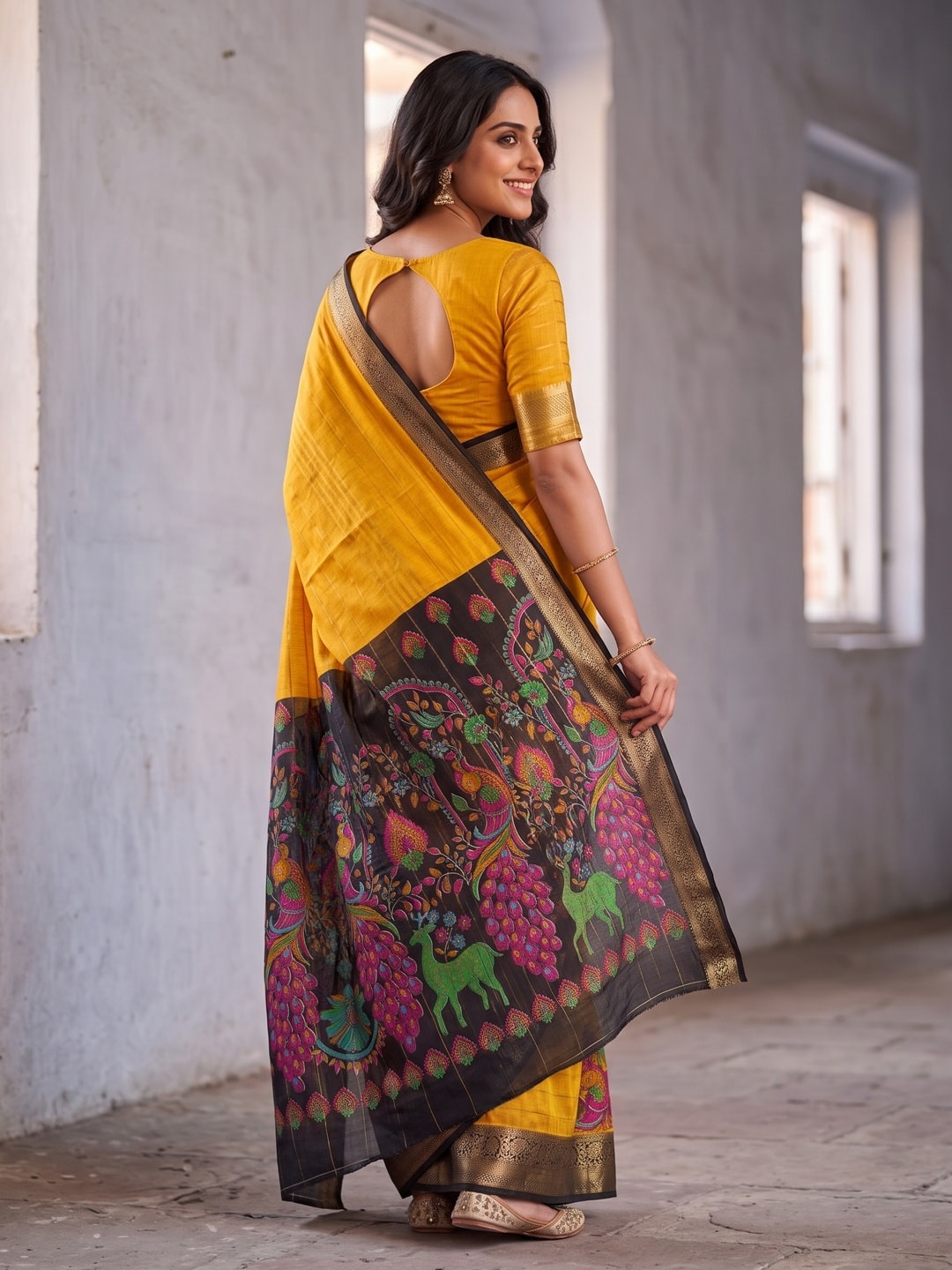 Peachmode Yellow Semi Kanchi Pure Cotton Feel Zari Weaving Line Butti Saree With Kalamkari Peacock Pallu - Image 2
