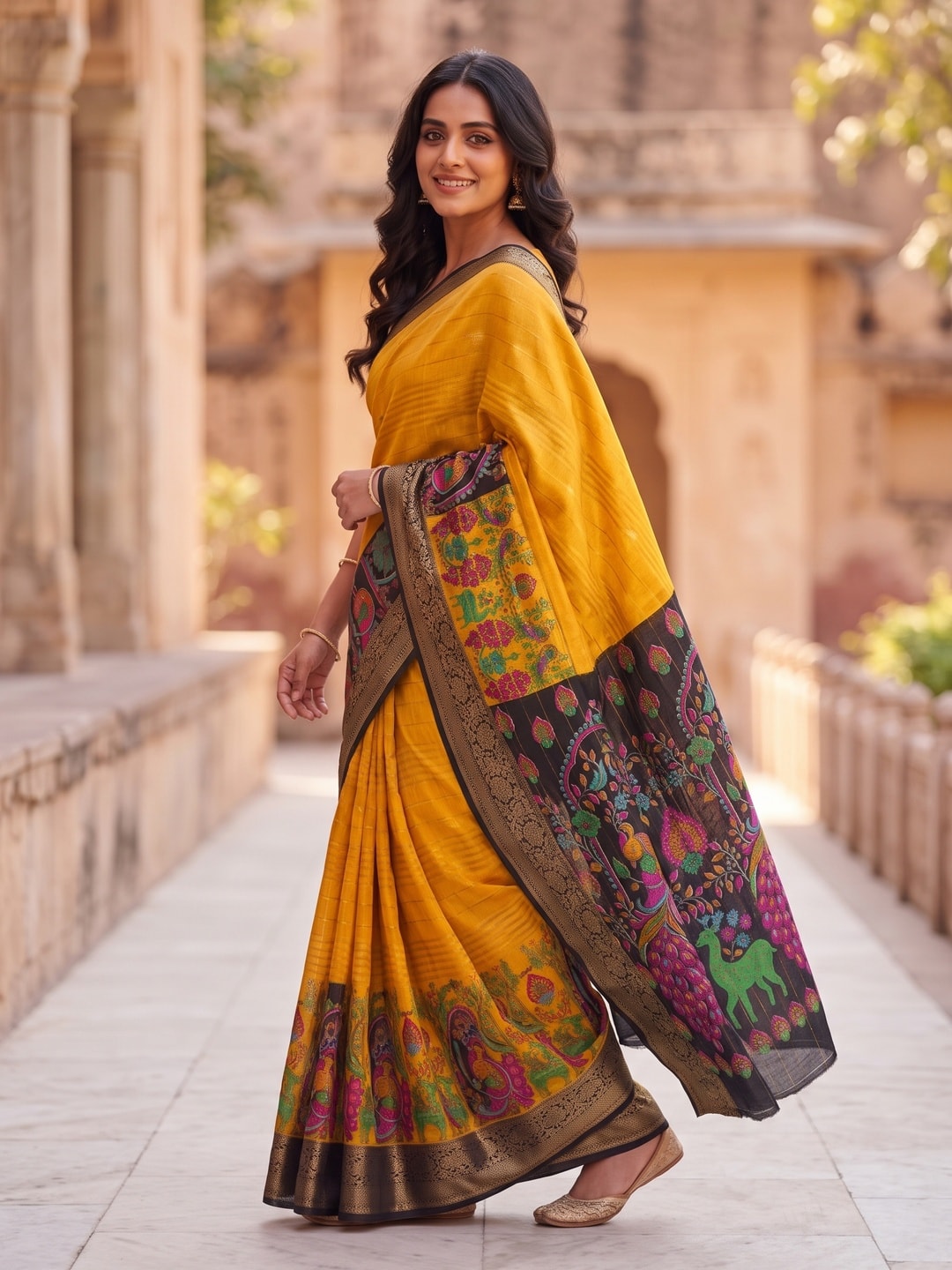 Peachmode Yellow Semi Kanchi Pure Cotton Feel Zari Weaving Line Butti Saree With Kalamkari Peacock Pallu - Image 3
