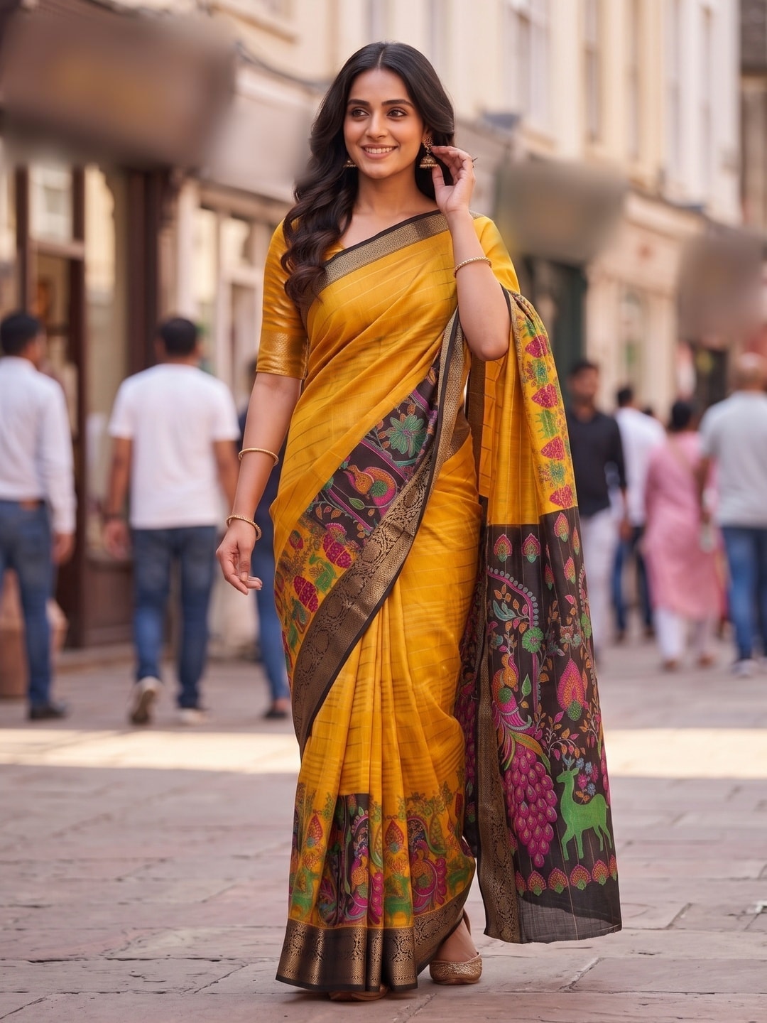 Peachmode Yellow Semi Kanchi Pure Cotton Feel Zari Weaving Line Butti Saree With Kalamkari Peacock Pallu - Image 4