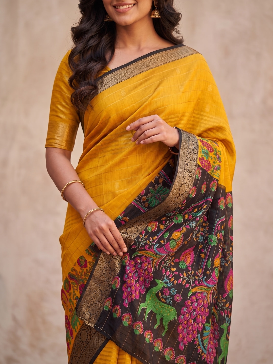 Peachmode Yellow Semi Kanchi Pure Cotton Feel Zari Weaving Line Butti Saree With Kalamkari Peacock Pallu - Image 5